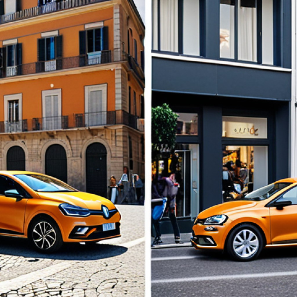 **

A split-screen image. On the left, a Renault Clio parked in a vibrant Italian city street, emphasizing its bold design and youthful appeal. Include some blurred pedestrians and scooters to convey a lively atmosphere. On the right, a Volkswagen Polo parked in front of a modern, minimalist building, highlighting its elegant and understated design. The color palette should be sophisticated.

**