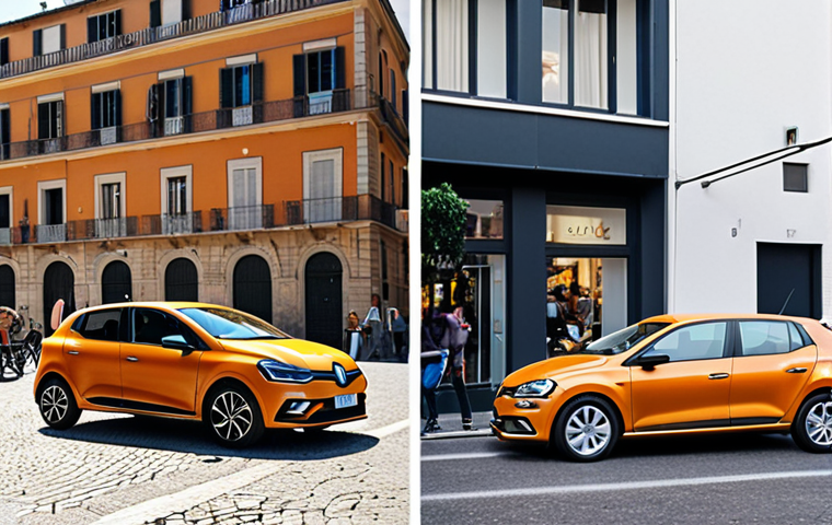 **

A split-screen image. On the left, a Renault Clio parked in a vibrant Italian city street, emphasizing its bold design and youthful appeal. Include some blurred pedestrians and scooters to convey a lively atmosphere. On the right, a Volkswagen Polo parked in front of a modern, minimalist building, highlighting its elegant and understated design. The color palette should be sophisticated.

**