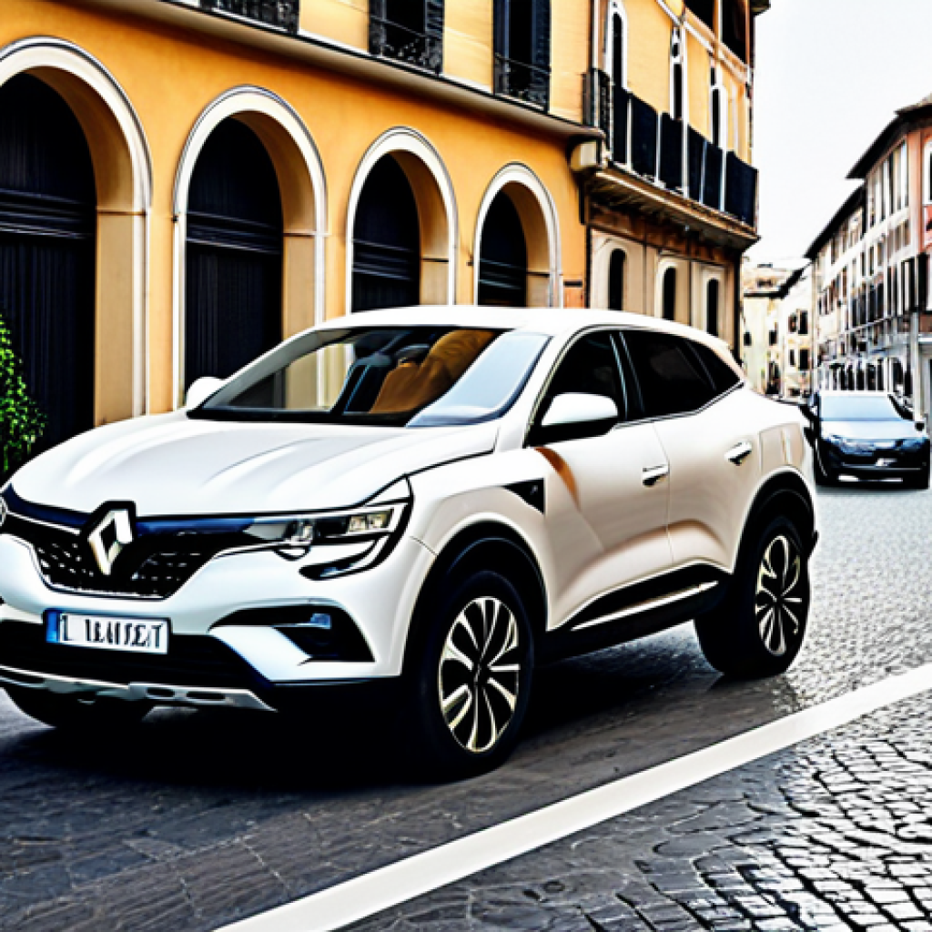 **
"A sleek Renault Arkana SUV coupe, fully clothed, in a vibrant Italian city street. Focus on the car's dynamic lines and modern design. Background includes classic architecture and stylish pedestrians. Safe for work, appropriate content, professional car photography, perfect anatomy, correct proportions, natural lighting, high resolution, family-friendly."
**