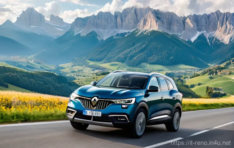 르노 삼성 QM6의 LPG 차량 주행 거리 - **Prompt:** A sleek, dark blue Renault QM6 SUV is smoothly navigating a picturesque, clean Italian c...