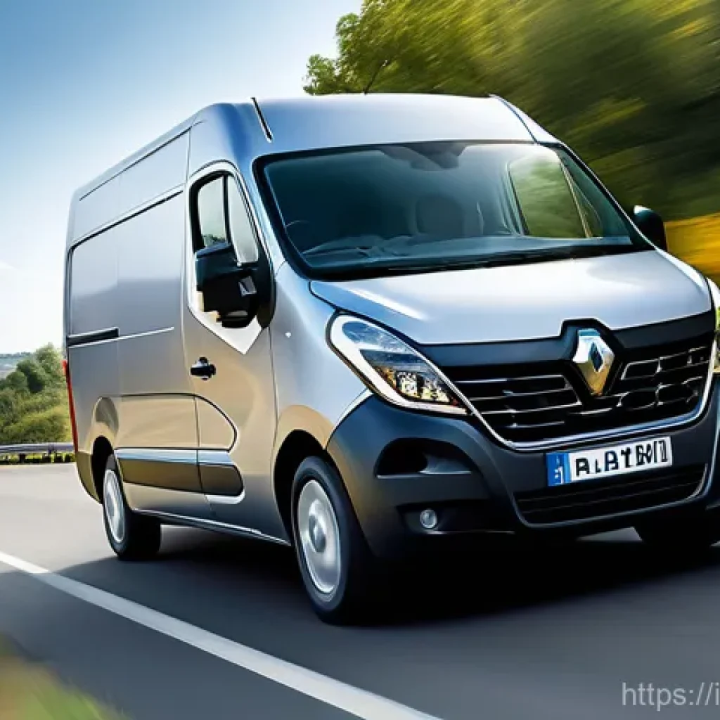르노 마스터의 연료 효율성 - A professional male or female driver, mid-30s to 40s, wearing smart-casual work attire (e.g., a polo...