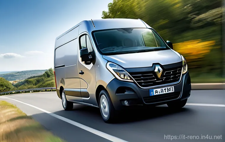르노 마스터의 연료 효율성 - A professional male or female driver, mid-30s to 40s, wearing smart-casual work attire (e.g., a polo...