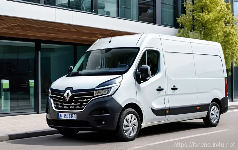 르노 마스터의 연료 효율성 - A professional male or female driver, mid-30s to 40s, wearing smart-casual work attire (e.g., a polo...