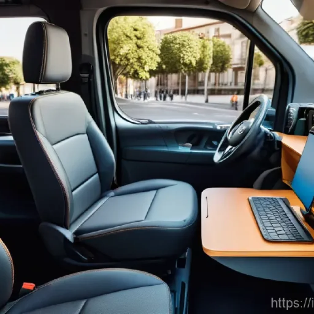 르노 마스터 밴의 적재 능력 - **Mobile Office Productivity:**
A dynamic scene inside the cabin of a modern Renault Master van,...
