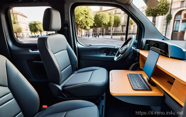 르노 마스터 밴의 적재 능력 - **Mobile Office Productivity:**
    A dynamic scene inside the cabin of a modern Renault Master van,...