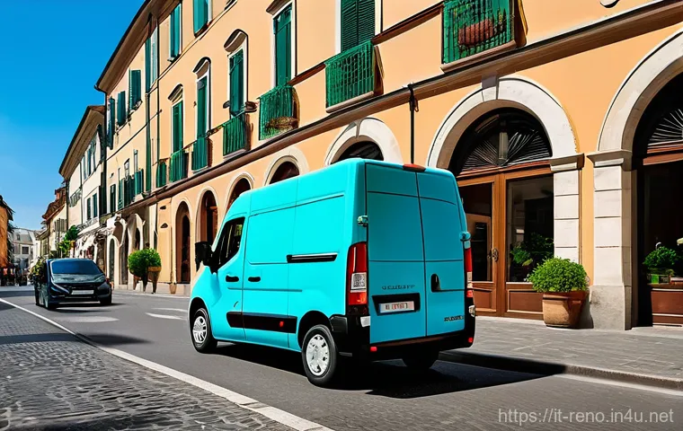 르노 마스터 밴의 적재 능력 - **Efficient Cargo Loading:**
    An exterior shot of a robust Renault Master van in a bustling urban...