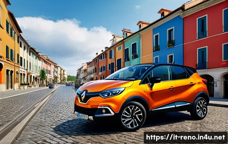 르노 캡처의 고객 후기 - A sleek Renault Captur SUV parked on a vibrant Italian city street during daytime, showcasing its mo...