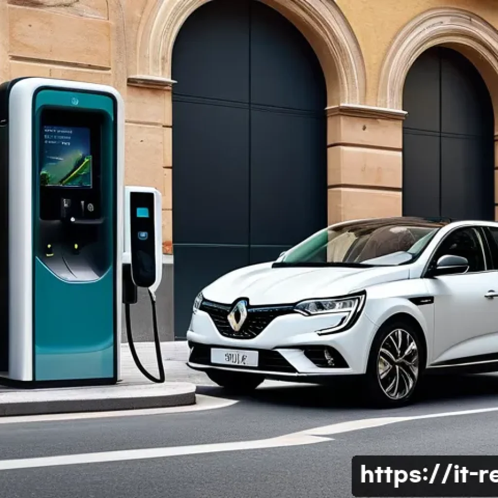 르노 메간 전기차 충전 속도 - A detailed urban scene in Italy featuring a Renault Megane E-Tech parked next to a modern public cha...