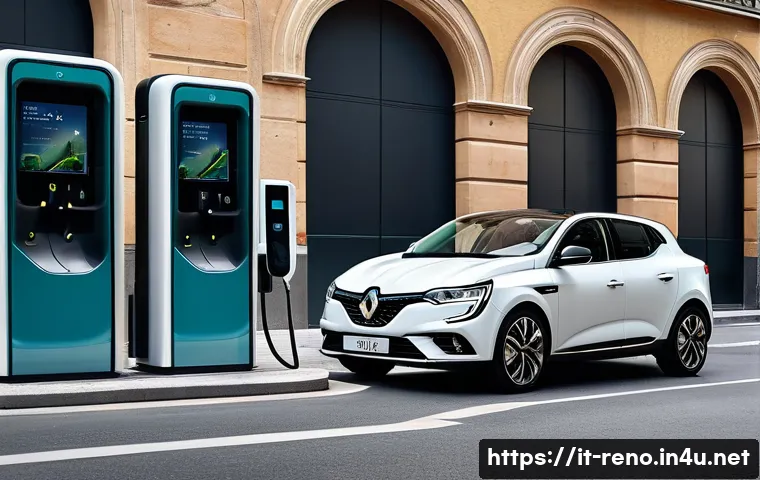 르노 메간 전기차 충전 속도 - A detailed urban scene in Italy featuring a Renault Megane E-Tech parked next to a modern public cha...