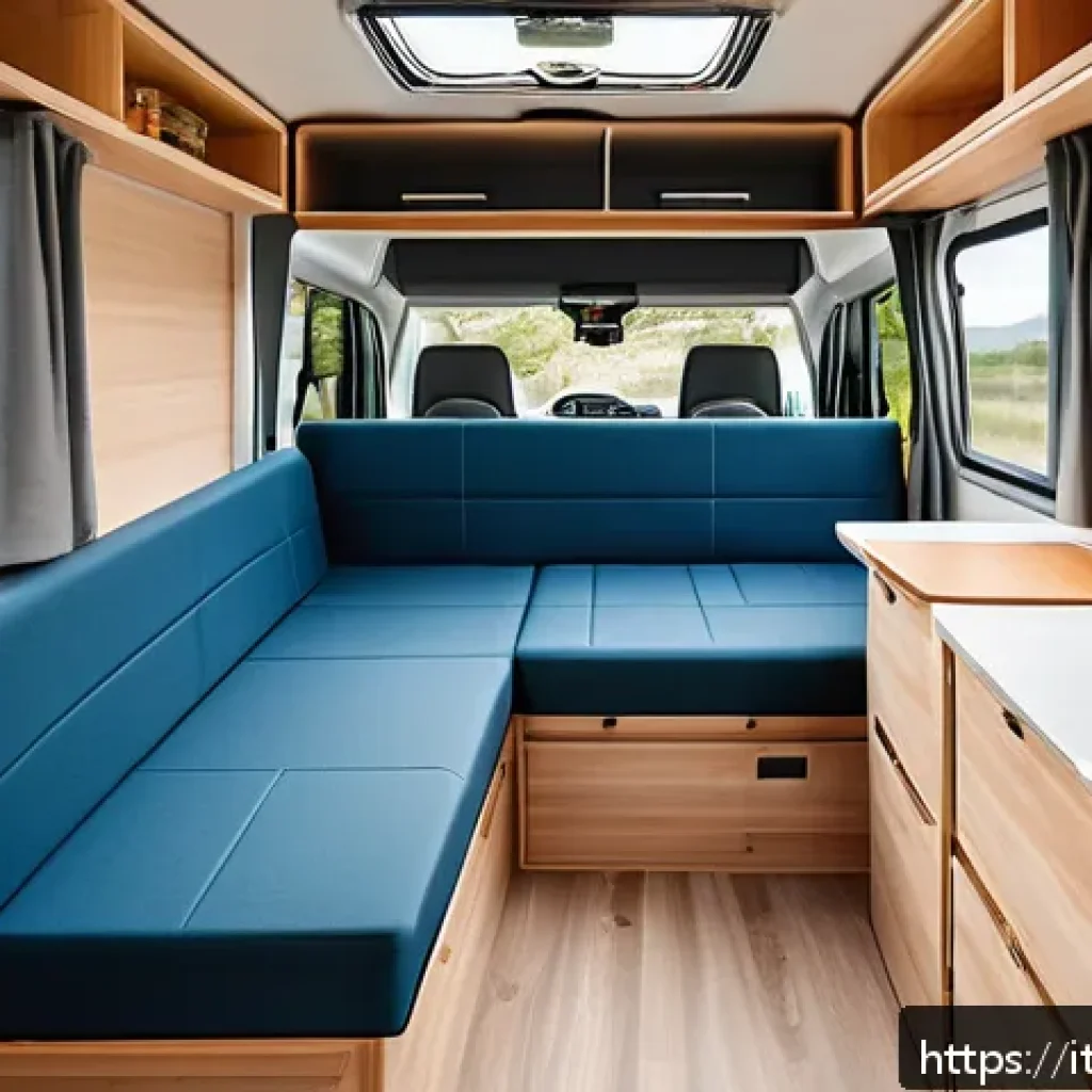 르노 마스터 캠핑카 변환 사례 - Interior view of a customized Renault Master camper van showcasing a modular foldable bed with high-...
