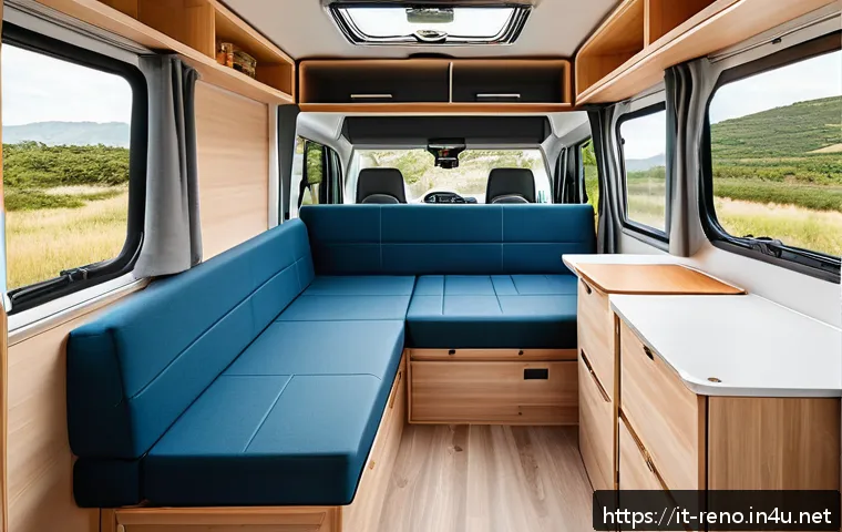 르노 마스터 캠핑카 변환 사례 - Interior view of a customized Renault Master camper van showcasing a modular foldable bed with high-...