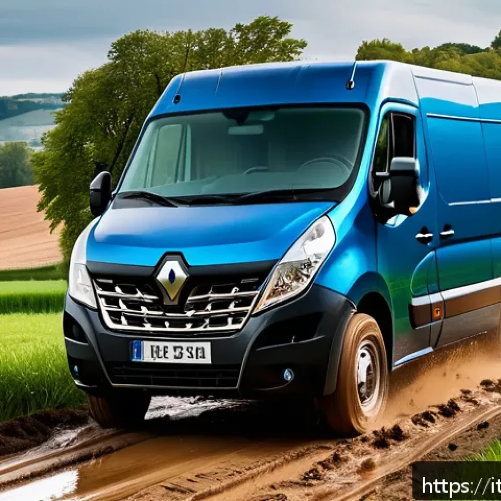 르노 마스터의 오프로드 성능 - A robust Renault Master van driving confidently on muddy, uneven dirt roads in a rural European coun...