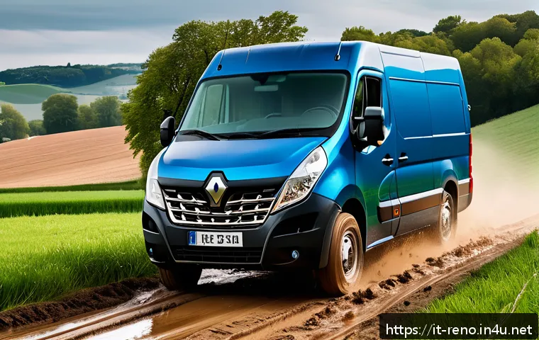 르노 마스터의 오프로드 성능 - A robust Renault Master van driving confidently on muddy, uneven dirt roads in a rural European coun...