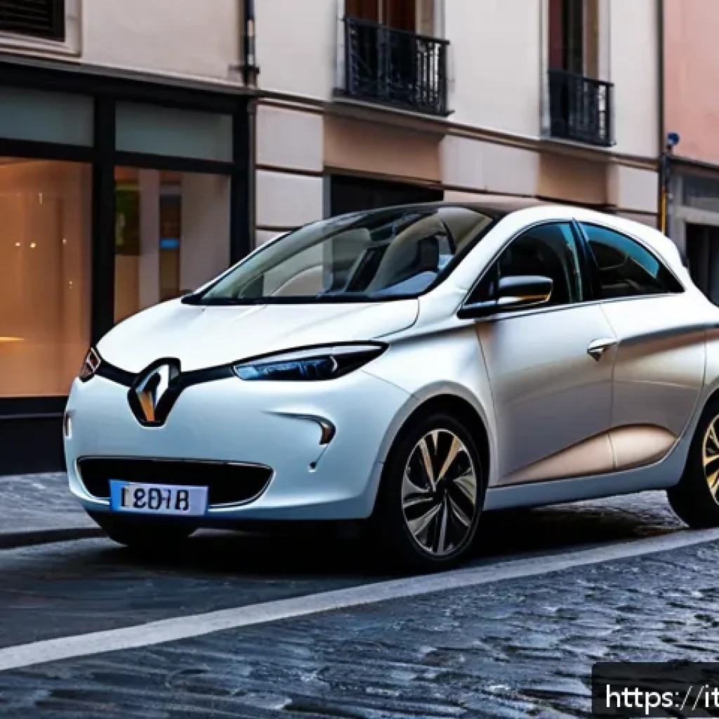 르노 조에와 테슬라 모델 3 비교 - A sleek, modern urban scene at dusk featuring a compact Renault Zoe electric car parked on a narrow ...