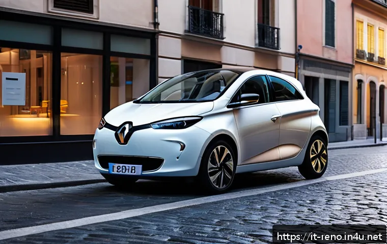 르노 조에와 테슬라 모델 3 비교 - A sleek, modern urban scene at dusk featuring a compact Renault Zoe electric car parked on a narrow ...