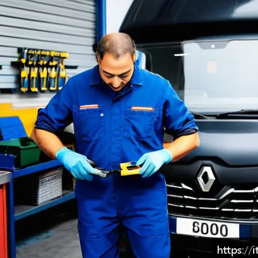 르노 마스터의 유지보수 비용 - A detailed scene of a professional automotive mechanic workshop in Italy, featuring a Renault Master...