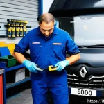 Home 22 르노 마스터의 유지보수 비용 - A detailed scene of a professional automotive mechanic workshop in Italy, featuring a Renault Master...