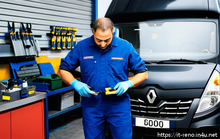 르노 마스터의 유지보수 비용 - A detailed scene of a professional automotive mechanic workshop in Italy, featuring a Renault Master...