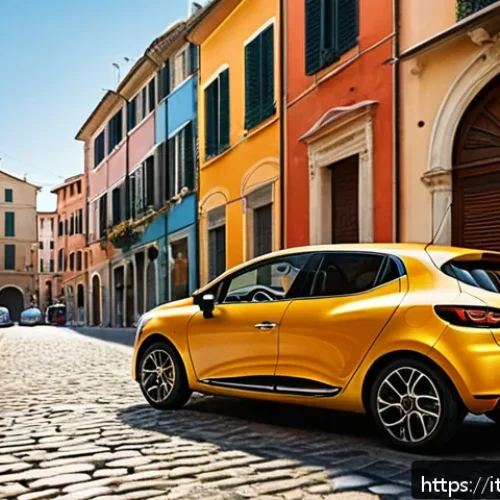 Home 33 르노 클리오와 르노 조에의 차이점 - A vibrant urban scene featuring a compact Renault Clio parked on a narrow Italian city street, surro...