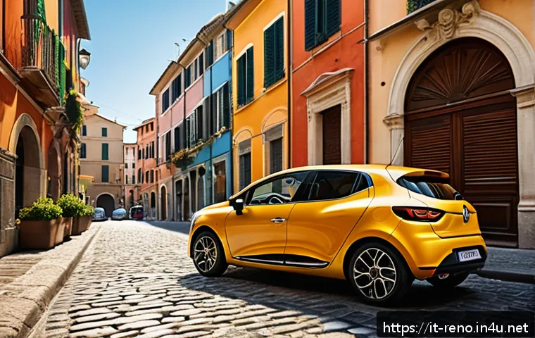 르노 클리오와 르노 조에의 차이점 - A vibrant urban scene featuring a compact Renault Clio parked on a narrow Italian city street, surro...