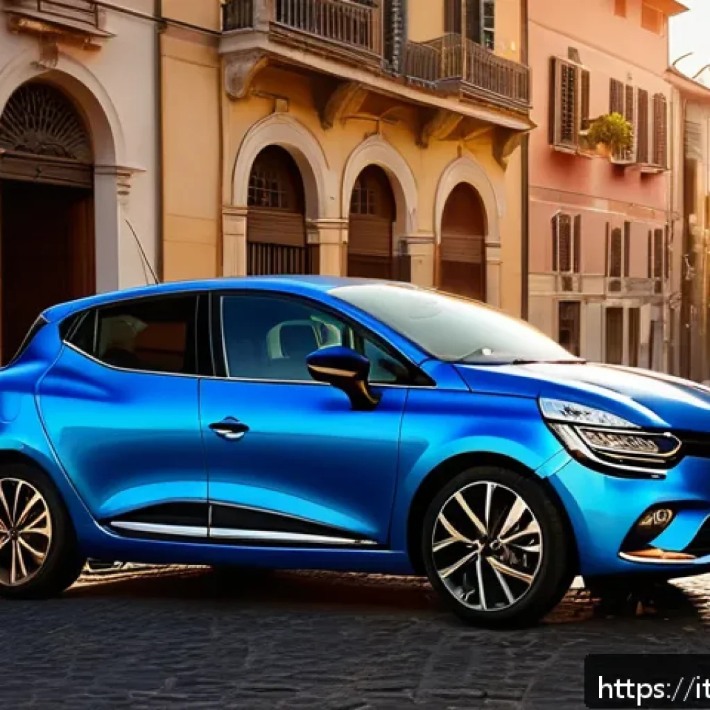 르노 클리오와 현대 아반떼 비교 - A sleek modern Renault Clio parked on a vibrant Italian city street during golden hour, featuring sm...