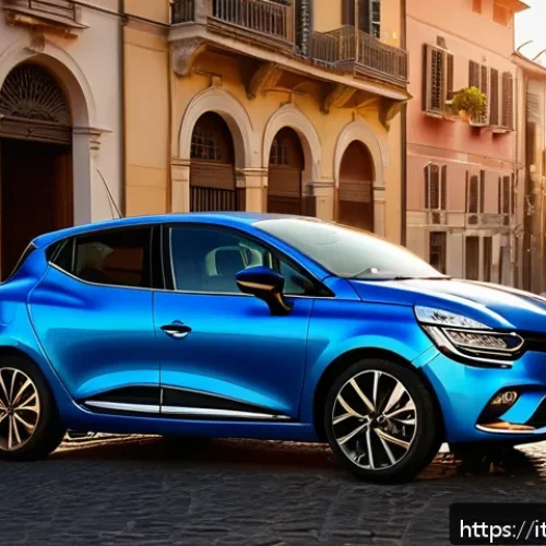 Home 31 르노 클리오와 현대 아반떼 비교 - A sleek modern Renault Clio parked on a vibrant Italian city street during golden hour, featuring sm...
