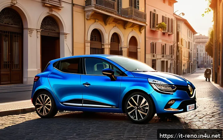 르노 클리오와 현대 아반떼 비교 - A sleek modern Renault Clio parked on a vibrant Italian city street during golden hour, featuring sm...