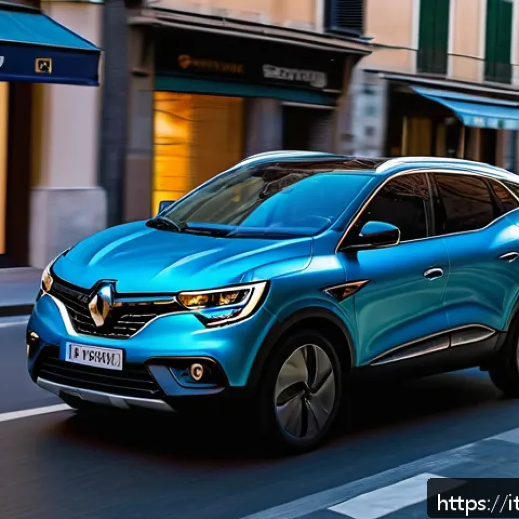 르노 삼성 QM6의 최신 안전 기능 - A sleek Renault Samsung QM6 SUV driving through a busy Italian city street at dusk, equipped with vi...