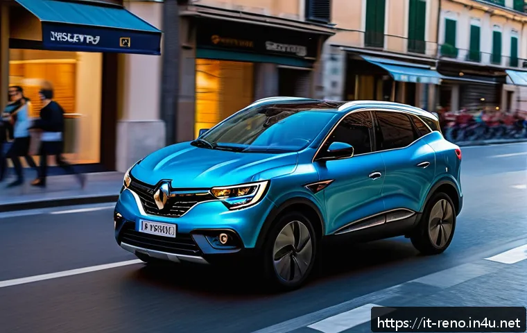 르노 삼성 QM6의 최신 안전 기능 - A sleek Renault Samsung QM6 SUV driving through a busy Italian city street at dusk, equipped with vi...