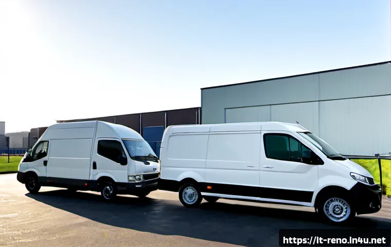 르노 마스터와 현대 스타리아 밴 비교 - Photorealistic side-by-side comparison of a tall white European high-roof cargo van and a sleek silv...