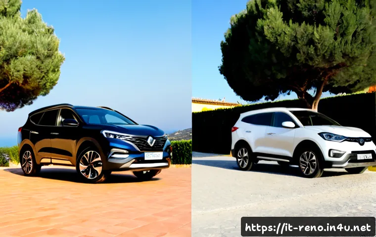 르노 삼성 QM6와 현대 싼타페 비교 - Photorealistic side-by-side comparison of two unbranded midsize family SUVs inspired by a Renault Sa...